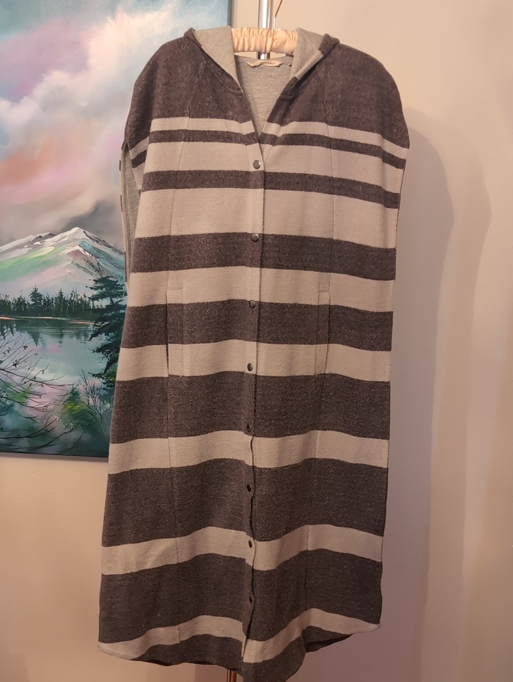 Soft Surroundings NWOT Hooded Sleeveless Duster Vest Gray Cream Stripe L/XL